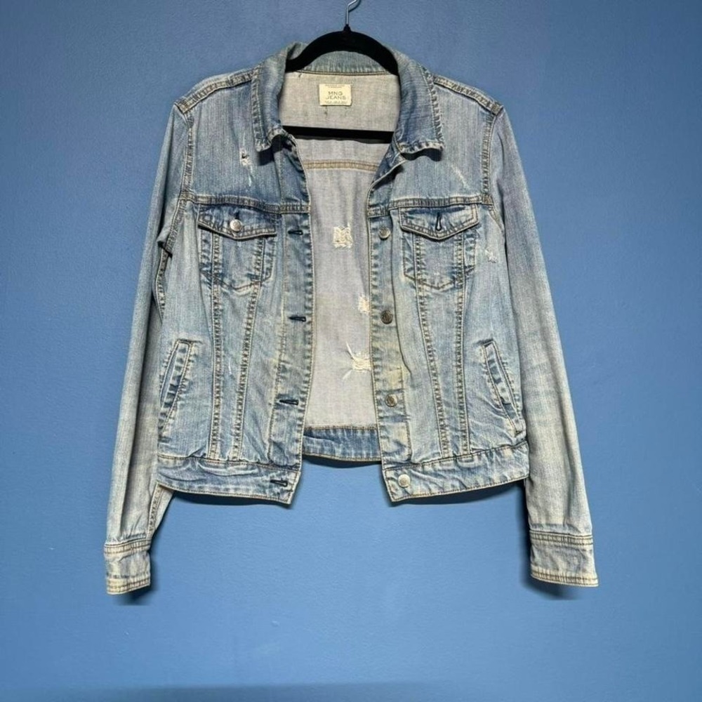 MNG by Mango‎ Denim Jacket Women's Size Small Distressed Jean Light Wash Faded